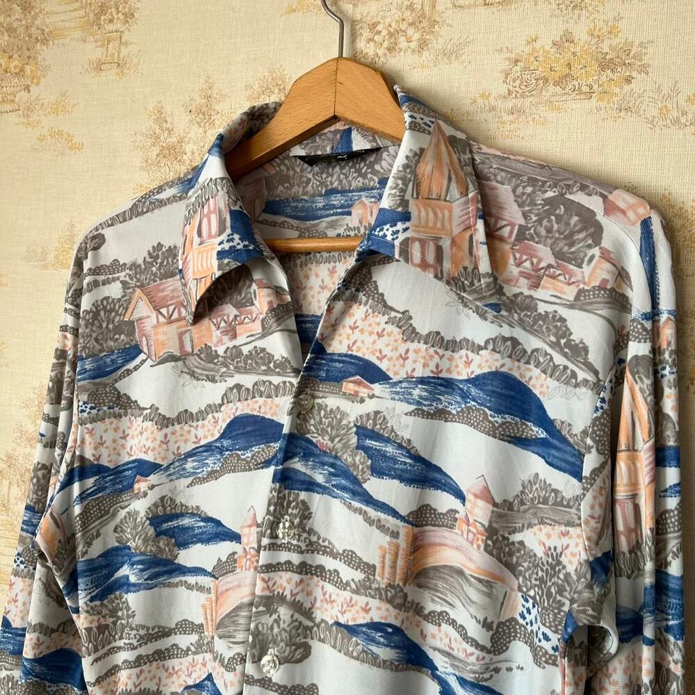 1970s JCPenney Landscape AOP Shirt | Vintage Dagger Collar Disco Button-Up | M